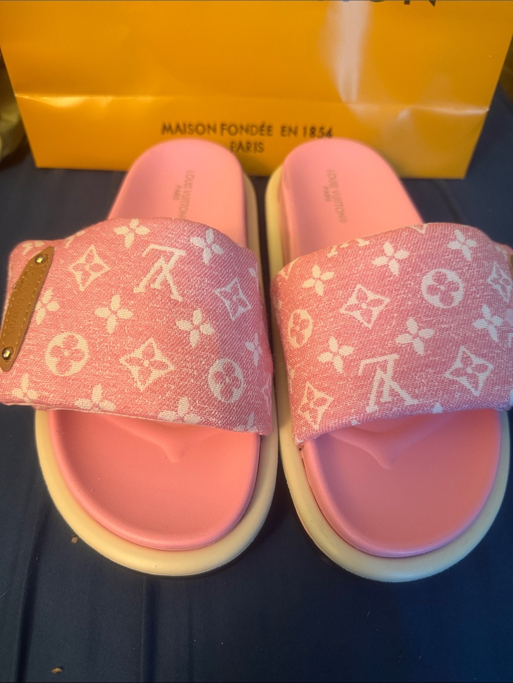 Lv Pink Slide Sandals